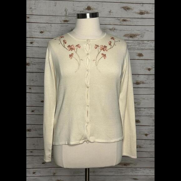 Vintage Rena Rowan cream floral embroidered button-down cardigan sweater Size XL - Picture 1 of 6